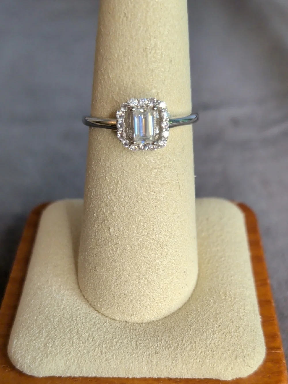 Sz 7 Moissanite Engagement Ring Emerald-Cut Halo Ring - White Gold Plated